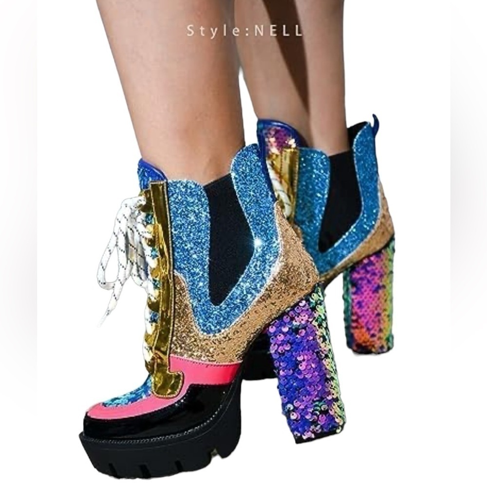 CAPE ROBBIN Y2K NELL Glitter High 3.75” Heel Lug Sole Booties Y